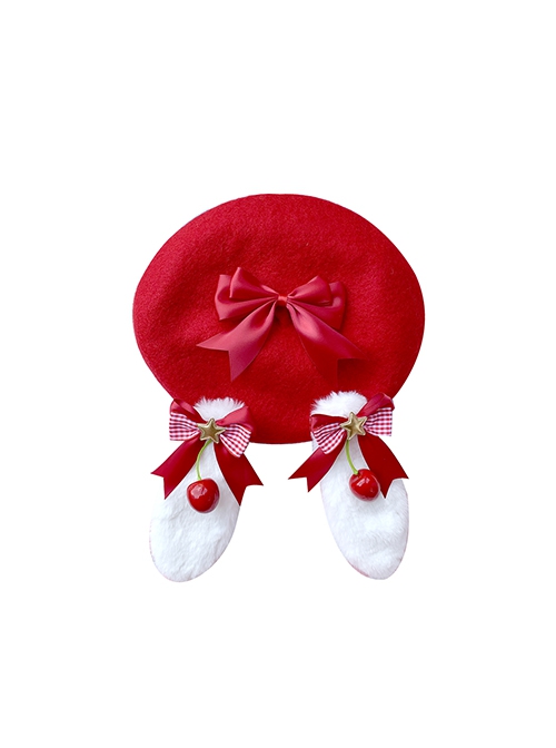 Autumn Winter Red Christmas Plush Rabbit Ears Bowknot Stars Cherry Decoration Sweet Lolita Beret