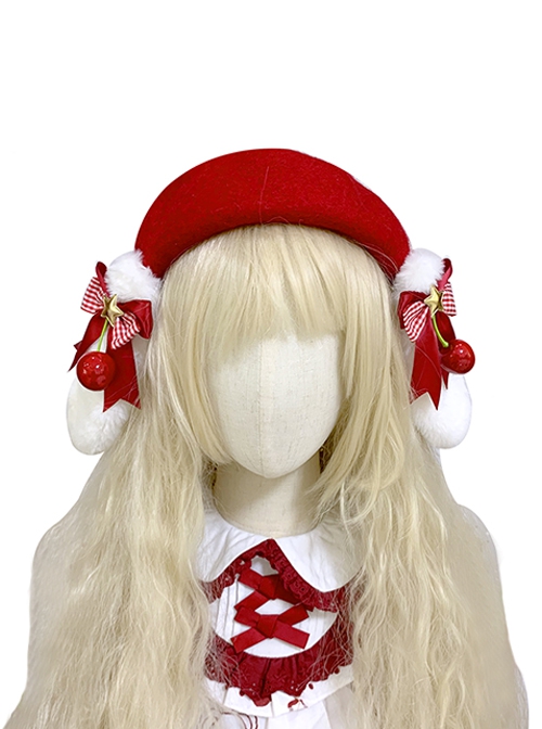 Autumn Winter Red Christmas Plush Rabbit Ears Bowknot Stars Cherry Decoration Sweet Lolita Beret