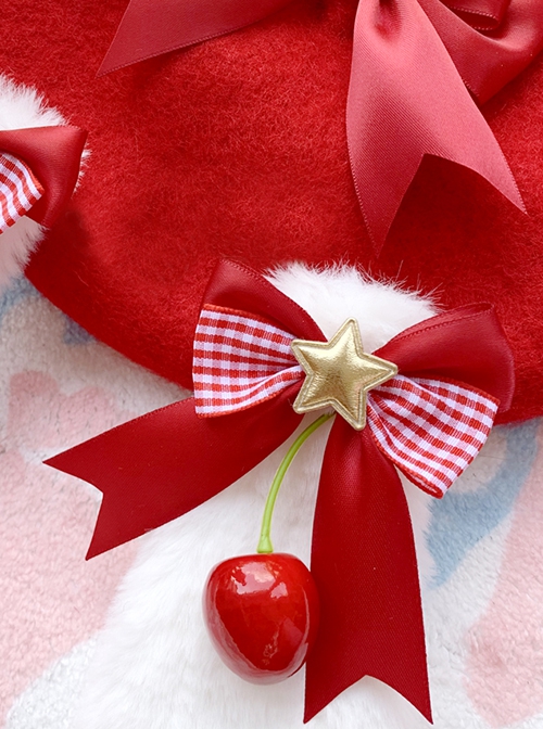 Autumn Winter Red Christmas Plush Rabbit Ears Bowknot Stars Cherry Decoration Sweet Lolita Beret