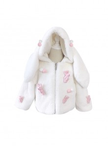 White Eco-Friendly Fur Winter Thickened Warm Rabbit Ears Flowers Cute Sweet Lolita Kids Long-Sleeved Coat