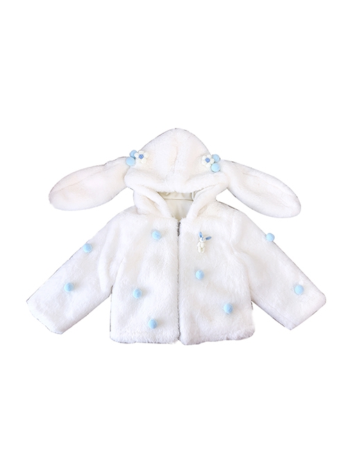 White Eco-Friendly Fur Winter Thickened Warm Rabbit Ears Flowers Cute Sweet Lolita Kids Long-Sleeved Coat