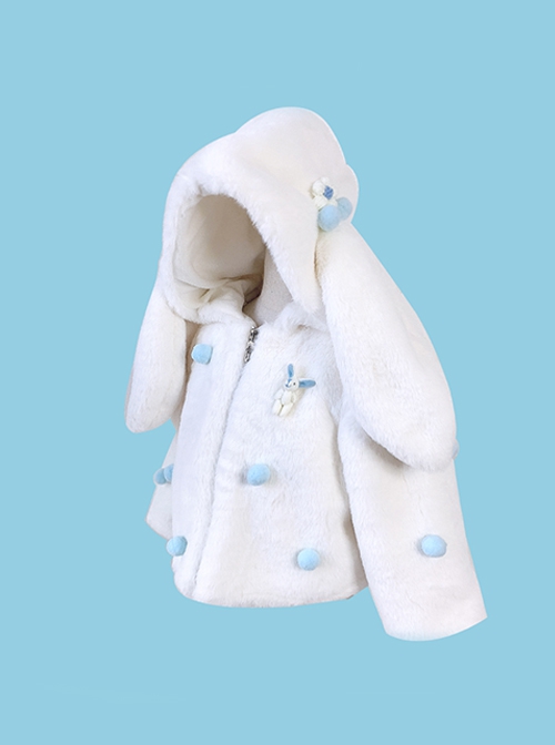 White Eco-Friendly Fur Winter Thickened Warm Rabbit Ears Flowers Cute Sweet Lolita Kids Long-Sleeved Coat