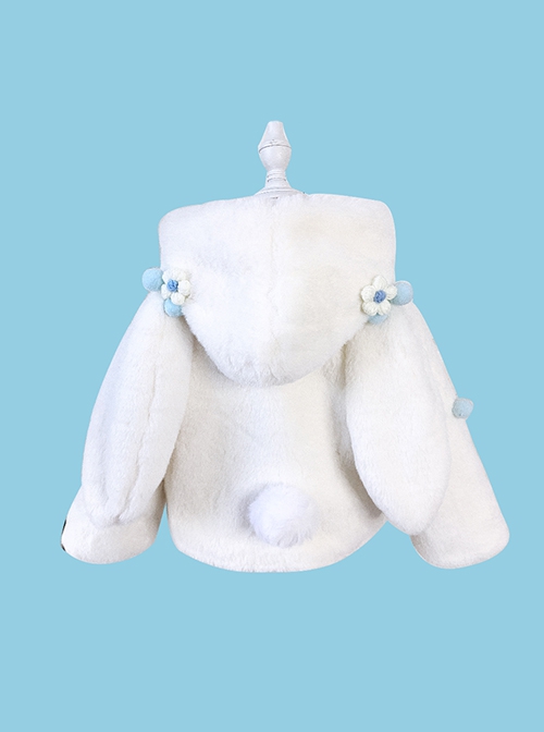 White Eco-Friendly Fur Winter Thickened Warm Rabbit Ears Flowers Cute Sweet Lolita Kids Long-Sleeved Coat