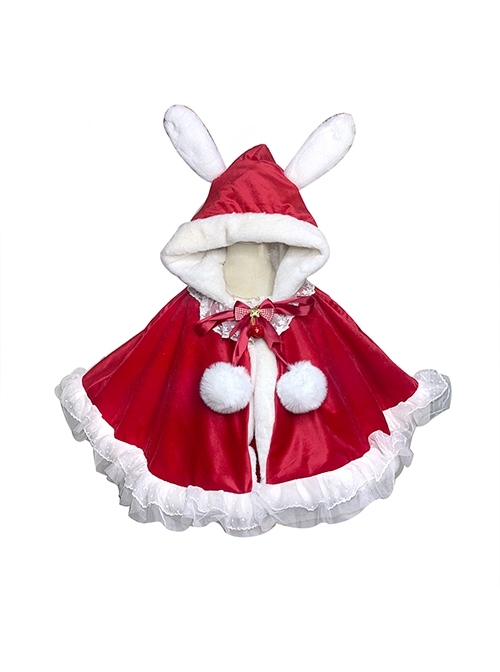 Christmas Red Velvet Rabbit Ears Plush Thickened Warm Sweet Lolita Kids Cloak