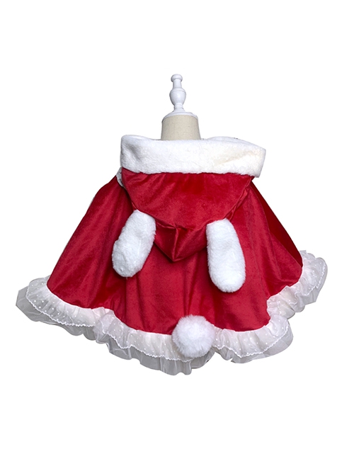 Christmas Red Velvet Rabbit Ears Plush Thickened Warm Sweet Lolita Kids Cloak