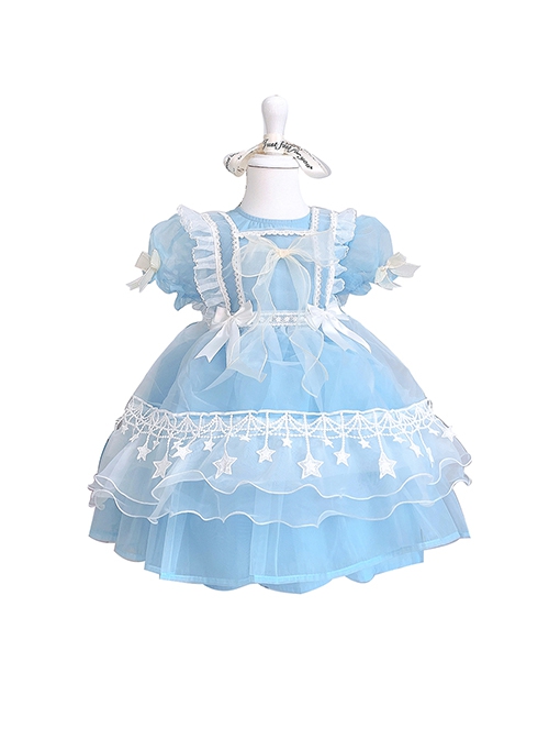 Pure Color Court Style Puff Sleeve Lace Stars Sweet Lolita Kids Short-Sleeved Dress