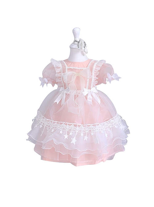 Pure Color Court Style Puff Sleeve Lace Stars Sweet Lolita Kids Short-Sleeved Dress