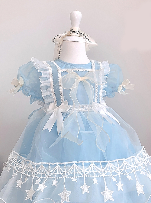 Pure Color Court Style Puff Sleeve Lace Stars Sweet Lolita Kids Short-Sleeved Dress