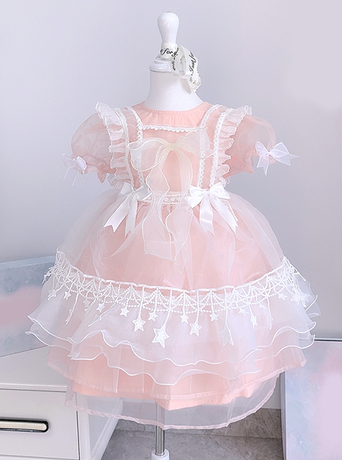 Pure Color Court Style Puff Sleeve Lace Stars Sweet Lolita Kids Short-Sleeved Dress