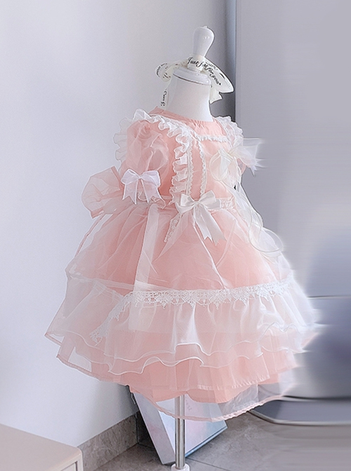 Pure Color Court Style Puff Sleeve Lace Stars Sweet Lolita Kids Short-Sleeved Dress