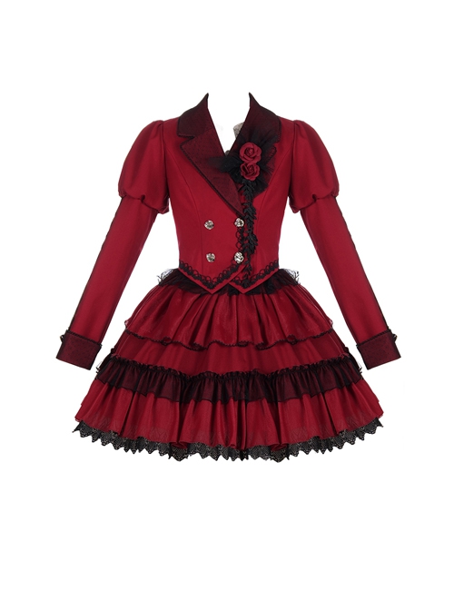 Gothic Punk Style Sharp Corner Irregular Clothes Hem Design Chiffon Ultra-Short Cake Skirt Gothic Lolita Long-Sleeved Coat Skirt Suit