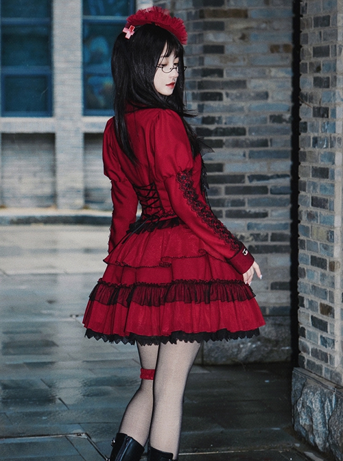 Gothic Punk Style Sharp Corner Irregular Clothes Hem Design Chiffon Ultra-Short Cake Skirt Gothic Lolita Long-Sleeved Coat Skirt Suit