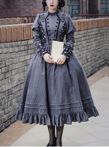 Vintage Stand Collar Camellia Print Stitching Stripe Ruffle Hem School Lolita Long Sleeve Dress