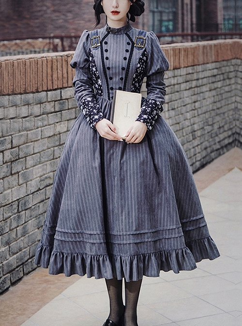 Vintage Stand Collar Camellia Print Stitching Stripe Ruffle Hem School Lolita Long Sleeve Dress