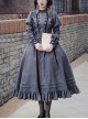 Vintage Stand Collar Camellia Print Stitching Stripe Ruffle Hem School Lolita Long Sleeve Dress