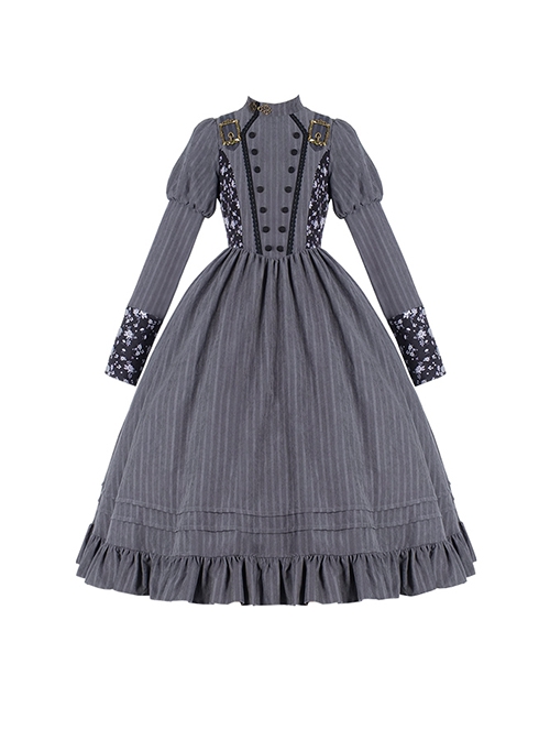 Vintage Stand Collar Camellia Print Stitching Stripe Ruffle Hem School Lolita Long Sleeve Dress