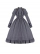 Vintage Stand Collar Camellia Print Stitching Stripe Ruffle Hem School Lolita Long Sleeve Dress