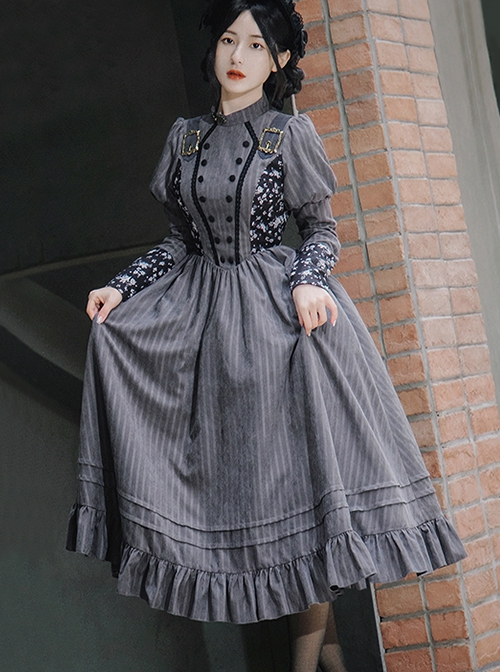 Vintage Stand Collar Camellia Print Stitching Stripe Ruffle Hem School Lolita Long Sleeve Dress