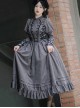 Vintage Stand Collar Camellia Print Stitching Stripe Ruffle Hem School Lolita Long Sleeve Dress