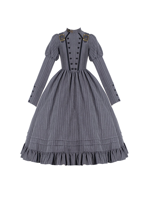 Daily Simple Stand Collar Juliet Sleeve Stripe Retro Metal Photo Frame Hasp Spring Autumn School Lolita Long Sleeve Dress