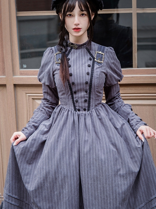 Daily Simple Stand Collar Juliet Sleeve Stripe Retro Metal Photo Frame Hasp Spring Autumn School Lolita Long Sleeve Dress