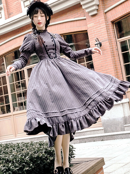 Daily Simple Stand Collar Juliet Sleeve Stripe Retro Metal Photo Frame Hasp Spring Autumn School Lolita Long Sleeve Dress