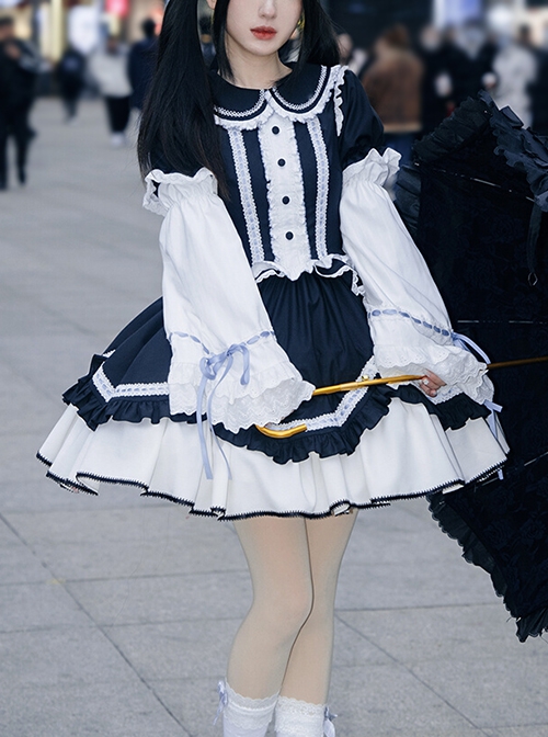 Sweet Doll Collar Cute Age-Reducing Irregular Petal Hem Detachable Sleeve Design Sweet Lolita Short-Sleeved Dress