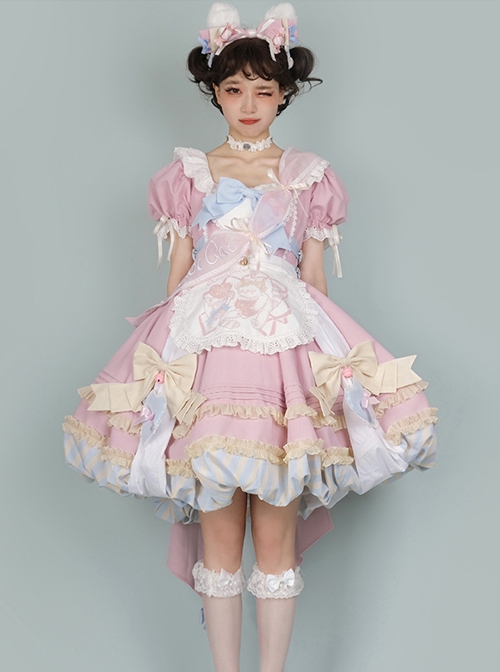 Pink Sweet Cute Little Maid Print Apron Puff Sleeves Bowknot Decoration Girls Sweet Lolita Short Sleeve Dress