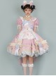 Pink Sweet Cute Little Maid Print Apron Puff Sleeves Bowknot Decoration Girls Sweet Lolita Short Sleeve Dress