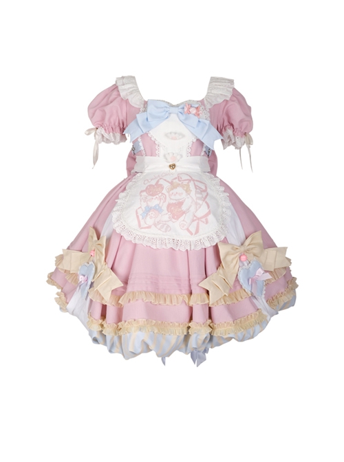 Pink Sweet Cute Little Maid Print Apron Puff Sleeves Bowknot Decoration Girls Sweet Lolita Short Sleeve Dress