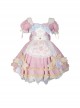 Pink Sweet Cute Little Maid Print Apron Puff Sleeves Bowknot Decoration Girls Sweet Lolita Short Sleeve Dress