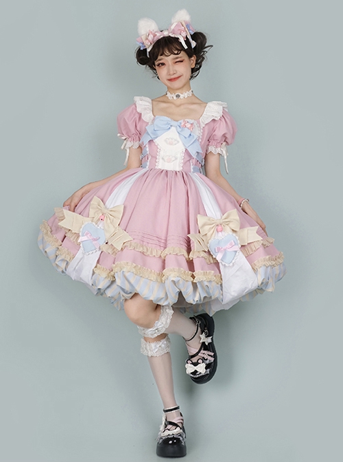 Pink Sweet Cute Little Maid Print Apron Puff Sleeves Bowknot Decoration Girls Sweet Lolita Short Sleeve Dress