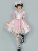 Pink Sweet Cute Little Maid Print Apron Puff Sleeves Bowknot Decoration Girls Sweet Lolita Short Sleeve Dress