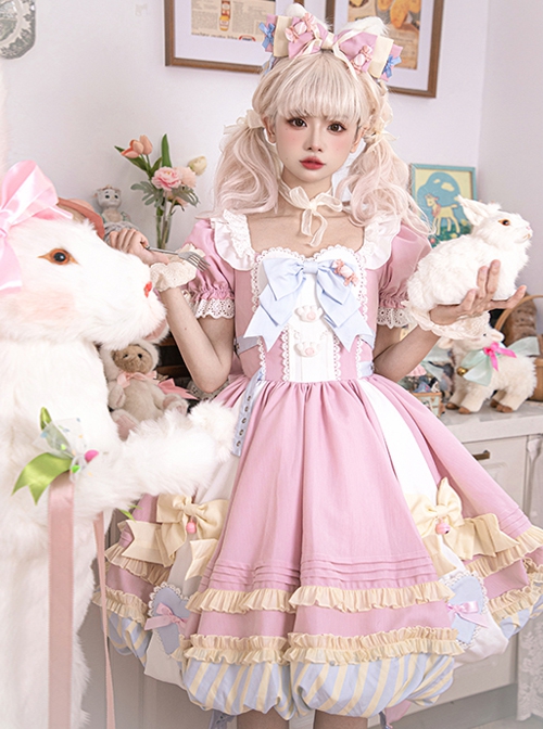 Pink Sweet Cute Little Maid Print Apron Puff Sleeves Bowknot Decoration Girls Sweet Lolita Short Sleeve Dress