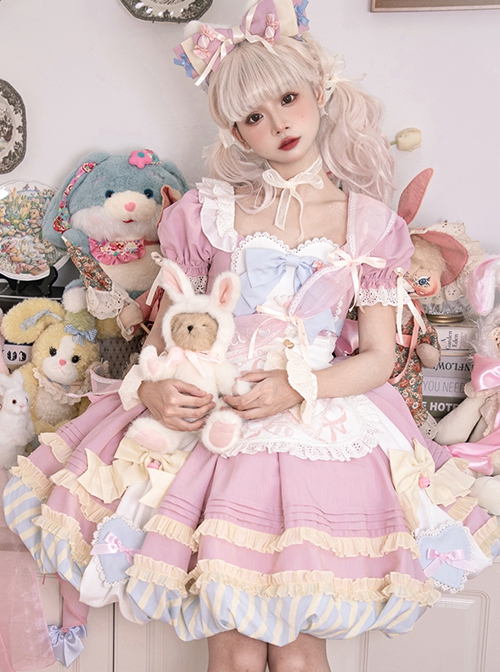 Pink Sweet Cute Little Maid Print Apron Puff Sleeves Bowknot Decoration Girls Sweet Lolita Short Sleeve Dress