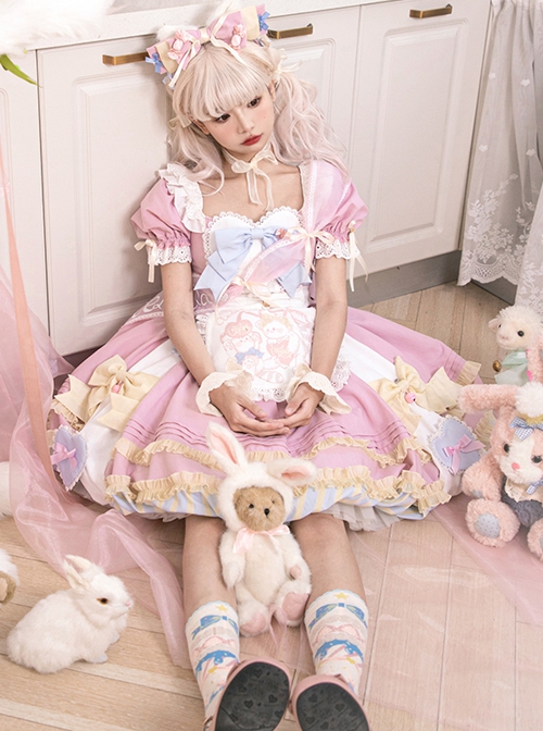 Pink Sweet Cute Little Maid Print Apron Puff Sleeves Bowknot Decoration Girls Sweet Lolita Short Sleeve Dress