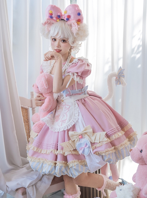 Pink Sweet Cute Little Maid Print Apron Puff Sleeves Bowknot Decoration Girls Sweet Lolita Short Sleeve Dress