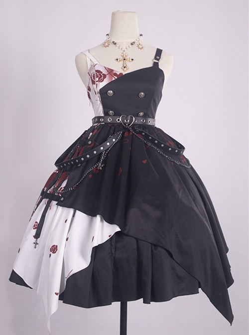 Thorn Rose Series Black White Contrasting Color Rose Thorn Print Irregular Hem Metal Chain Belt Decoration Gothic Lolita Sleeveless Dress