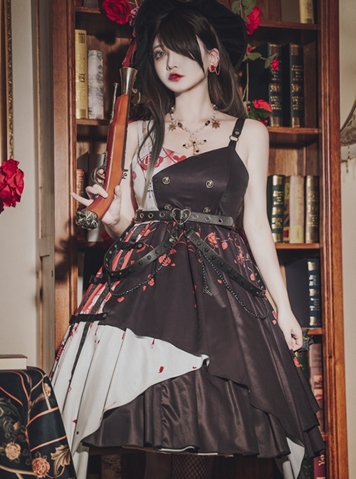 Thorn Rose Series Black White Contrasting Color Rose Thorn Print Irregular Hem Metal Chain Belt Decoration Gothic Lolita Sleeveless Dress