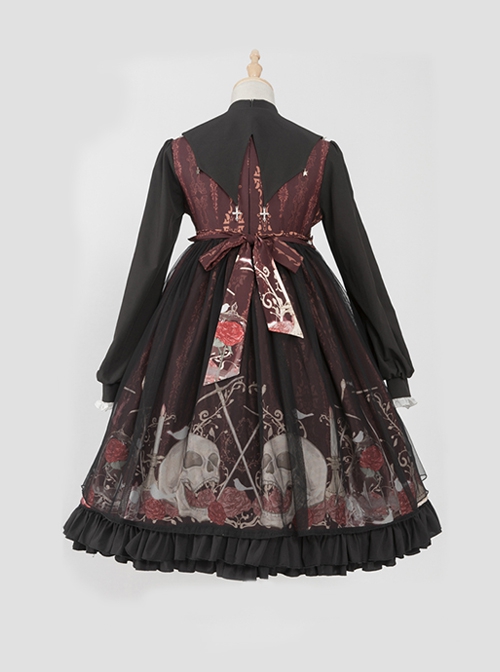 Bat Wings Neckline Design Rose Skull Print Halloween Cross Gothic Lolita Long Sleeve Dress