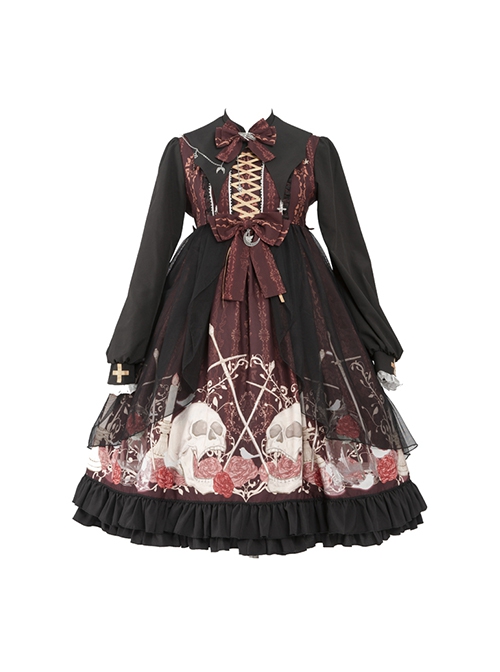 Bat Wings Neckline Design Rose Skull Print Halloween Cross Gothic Lolita Long Sleeve Dress