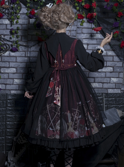 Bat Wings Neckline Design Rose Skull Print Halloween Cross Gothic Lolita Long Sleeve Dress