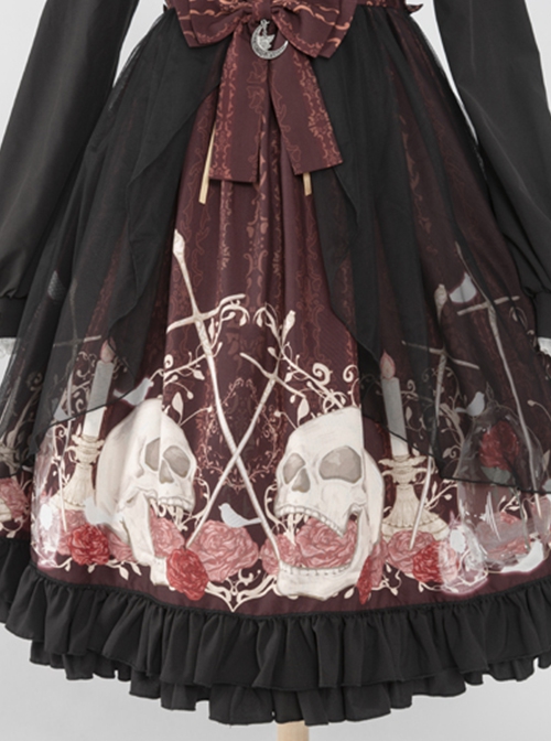 Bat Wings Neckline Design Rose Skull Print Halloween Cross Gothic Lolita Long Sleeve Dress