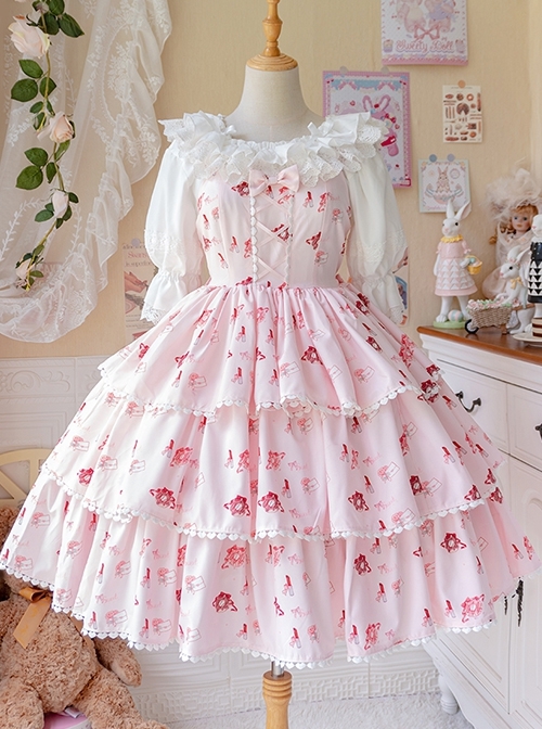 Girly Love Letter Series Daily Commute Cute Donut Print Solid Color Classic Lolita Sleeveless Dress
