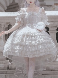 Pure White Elegant Multi-Layer Gorgeous Hem Classic Lolita Bowknot Decoration Short-Sleeved Dress