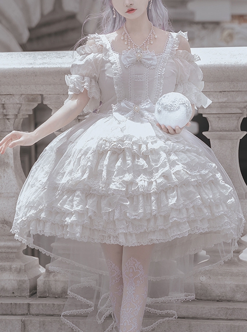 Pure White Elegant Multi-Layer Gorgeous Hem Classic Lolita Bowknot Decoration Short-Sleeved Dress