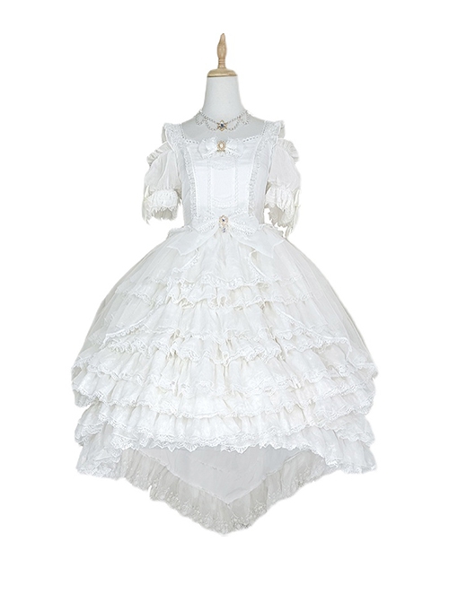 Pure White Elegant Multi-Layer Gorgeous Hem Classic Lolita Bowknot Decoration Short-Sleeved Dress