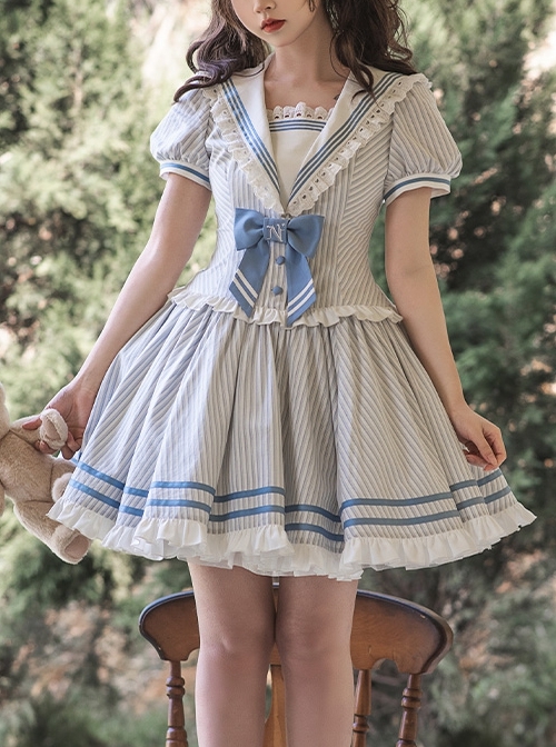 Navy Collar Striped Puff Sleeves Lace Ruffle Hem Lacing Fake Two Piece School Lolita Short Sleeve Dress