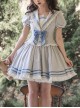 Navy Collar Striped Puff Sleeves Lace Ruffle Hem Lacing Fake Two Piece School Lolita Short Sleeve Dress