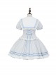 Navy Collar Striped Puff Sleeves Lace Ruffle Hem Lacing Fake Two Piece School Lolita Short Sleeve Dress